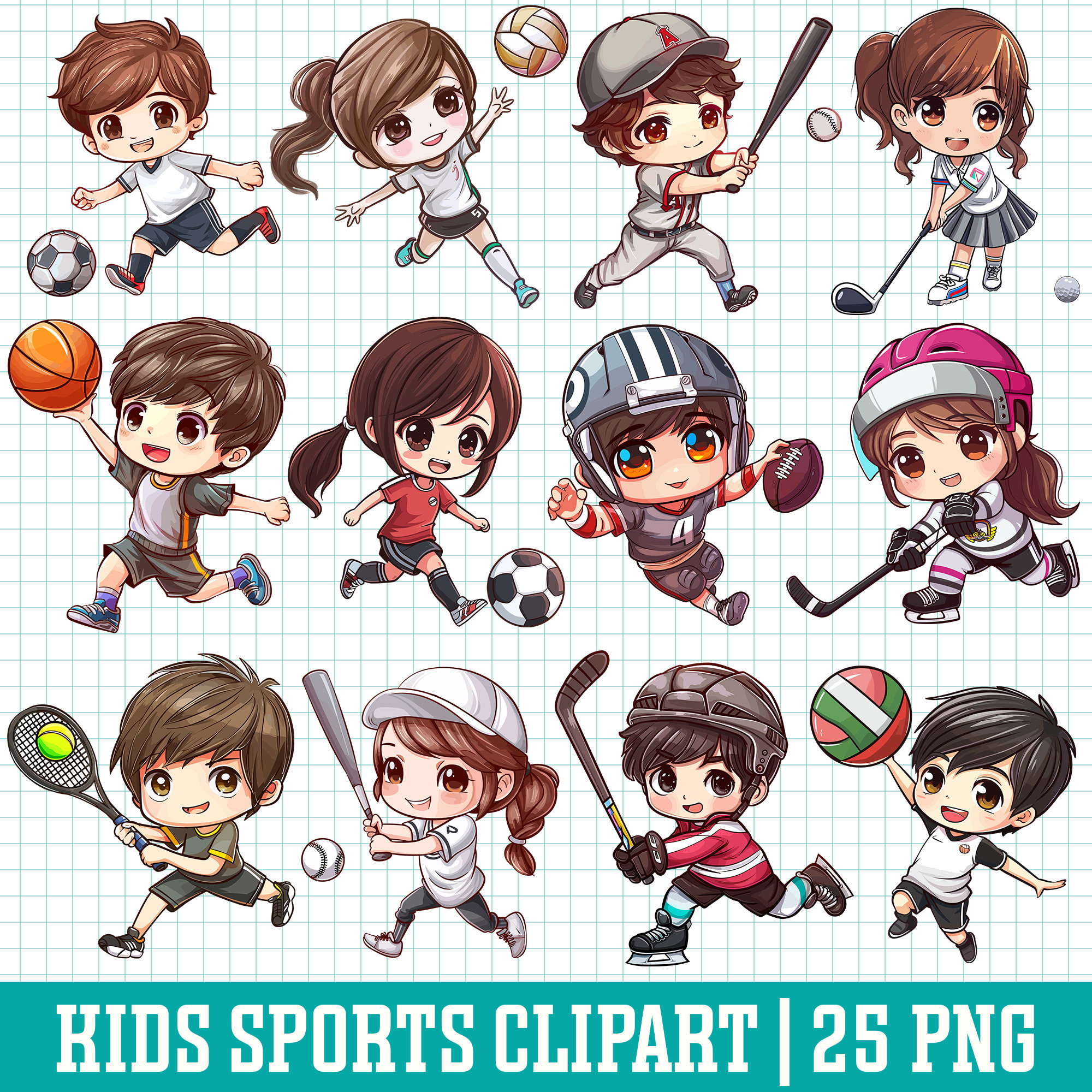 Sports Clipart Kawaii Sports Clipart Cute Sports Basketball Clipart Kawaii  Football Clipart Sports Graphics Baseball Clipart 