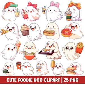 Gourmet mignon clipart fantôme Kawaii Boba Tea Boo café glacé citrouille épice latte coquette noeud amateur de nourriture drôle de fantôme manger pizza donut cupcake