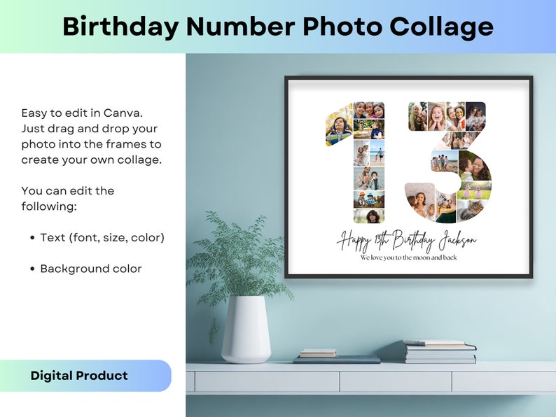 Pu&ograve; includere: Un modello di collage digitale con il numero 13 composto da cornici per foto. Il testo "Happy 13th Birthday Jackson We love you to the moon and back" &egrave; scritto sotto il numero. Il modello &egrave; facile da modificare in Canva.