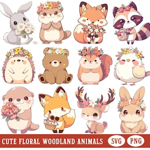 Clipart animal de printemps des bois, animaux floraux mignons PNG Bundle, fleurs de printemps confortables SVG Animal fantaisiste autocollant numérique Image en sublimation