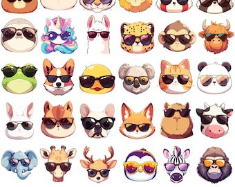 Cool Animal Face Clipart Wearing Sunglasses Cute Animal Head Cartoon PNG Bundle Funny Summer Animal Watercolor Illustration Digital Sticker