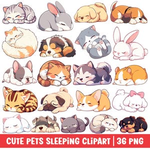 Cute Sleeping Animal Clipart Kawaii Sleepy Lazy Pets PNG Bundle Funny Cartoon Illustration Cat Dog Breed Bunny Rabbit Hamster Guinea Pig