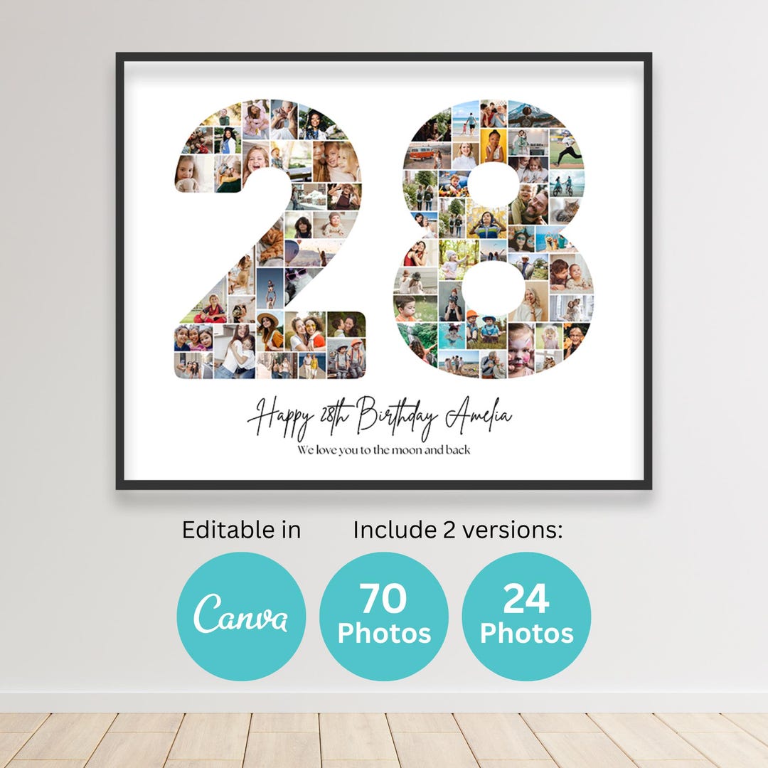 28th Birthday Number 28 Photo Collage Printable Canva Frame Template ...
