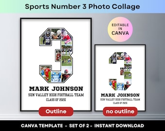 Sports Photo Collage Player Number 3 Graduation Photo Gift Senior Night Athlete Poster Football Basketball Baseball Soccer Canva Template