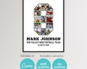 Sports Photo Collage Player Number 8 Graduation Gift Senior Night Personalized Poster Football Basketball Baseball Soccer Canva Template