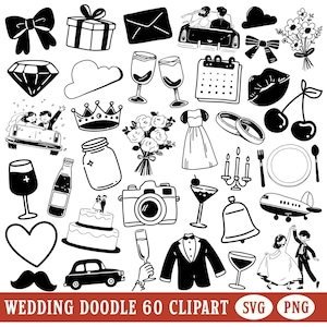 Doodle de casamento PNG Clipart Pacote Elemento de casamento desenhado à mão SVG Design de festa de despedida de solteira Ilustração fofa de chá de panela Ícones minimalistas