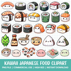 Comida japonesa PNG Clipart Lindo Kawaii Sushi Dibujos animados Clip Art Transparente PNG Paquete Conjunto Ramen Onigiri Wasabi Mochi Diseño de Sublimación