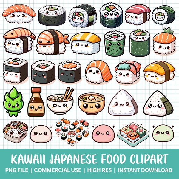 Japanese Food PNG Clipart Cute Kawaii Sushi Cartoon Clip Art Transparent PNG Bundle Set Ramen Onigiri Wasabi Mochi Sublimation Design
