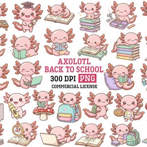 May include: A collection of pink axolotl illustrations in various school-related scenarios. The axolotls are depicted with books, laptops, and backpacks. Text reads "AXOLOTL BACK TO SCHOOL 300 DPI PNG COMMERCIAL LICENSE."
