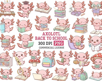 Kawaii bokälskare Axolotl png tillbaka till skolan clipart bunt läsbokälskare lärare klassrumsgrafik