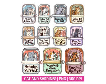Funny Cat in Sardine Can PNG Bundle, Mental Health Cat Puns Clipart, Cute Self Care Stickers, Motivational Quotes, Hand Drawn Doodle Cats