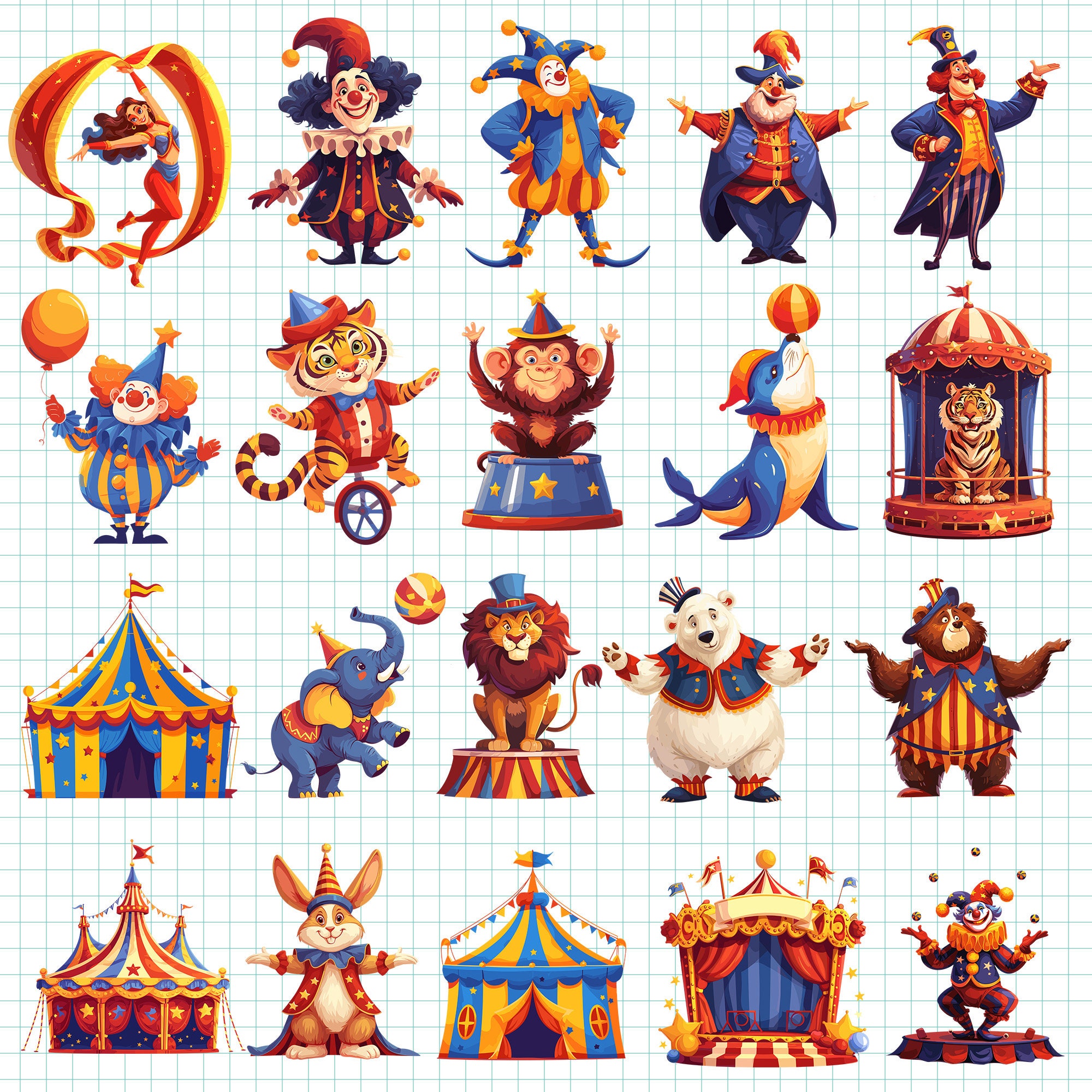 Cute Circus Clipart Vintage Circus Animal PNG Bundle Set Watercolor ...