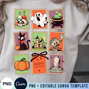 May include: A light gray sweatshirt featuring a collage of Halloween-themed postage stamp designs. The stamps depict a ghost, black cat, pumpkin, haunted house, zombie, cauldron, skull, and tombstone. The text "HAPPY HALLOWEEN" is on one stamp.