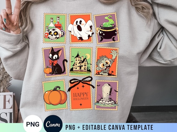 Coquette Halloween PNG Vintage Spooky Season Cute Bow Postage Stamp Design Sublimation Image Ghost Cat Pumpkin Witch Potion Canva Template