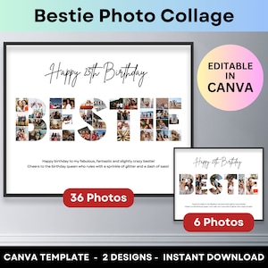 Collage de fotos de mejores amigas, regalo de cumpleaños personalizado, collage de fotos con palabras personalizado, regalo de amistad, plantilla Canva