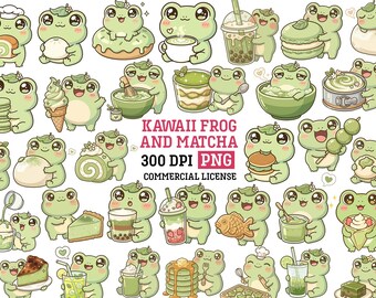 Kawaii Groda Matcha PNG Clipart Matcha Latte Drycker och Efterrätt Illustration Set Japansk Mat