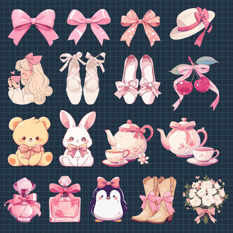 Coquette PNG Pink Bow Ribbon Clipart Bundle Cute Trendy Watercolor ...