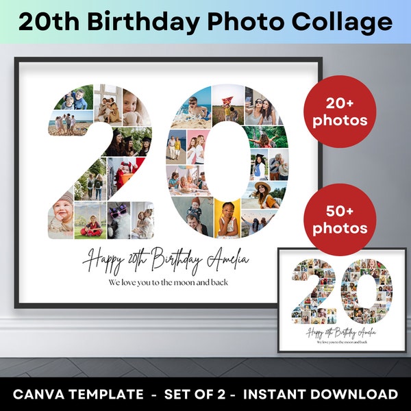 20e anniversaire, numéro 20, collage photo imprimable, modèle de cadre en toile, 20e anniversaire collage photo, affiche 8 x 10, cadeau d'anniversaire personnalisé