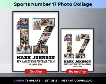 Player Number 17 Sports Photo Collage Graduation Gift Senior Class 2024 Grad 16x20 Poster Football Basketball Baseball Hockey Canva Template