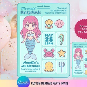 May include: A teal Mermaid Party Pack invitation with a cartoon mermaid, shells, seahorse, crab, starfish, octopus, and trident. The invitation includes the text "Amelia's 6th Birthday" and event details. A bonus thank you card is included.