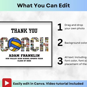 Pode incluir: Um sinal digital imprim&iacute;vel para agradecer a um treinador de voleibol. O sinal apresenta uma bola de voleibol feita de fotos, as palavras "Obrigado Treinador", o nome do treinador, o nome da escola, a equipa desportiva e o ano. O sinal &eacute; personaliz&aacute;vel com as suas pr&oacute;prias fotos, texto e cores.
