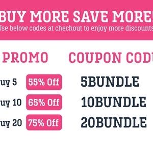 May include: A promotional graphic with a pink header reading BUY MORE SAVE MORE! Use below codes at checkout to enjoy more discounts. It lists three tiers: Buy 5 for 55% Off with code 5BUNDLE, Buy 10 for 65% Off with code 10BUNDLE, and Buy 20 for 75% Off with code 20BUNDLE.