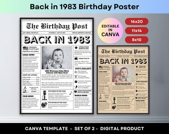 40th Birthday Newspaper Back in 1983 Printable Poster Personalized Gift Editable Party Welcome Sign Board Fun Facts Trivia Canva Template