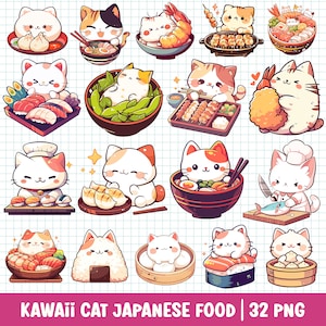 Ensemble de cliparts, chat kawaii, nourriture japonaise, chaton mignon, amoureux des chats, maman de chats, gourmets drôles, illustration de dessin animé, art numérique autocollant Anime
