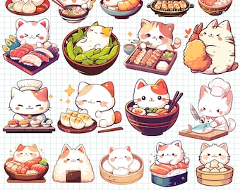 Kawaii Cat Japanese Food PNG Bundle Cute Kitten Clipart Set Cat Lover Cat Mom Funny Foodie Cartoon Illustration Anime Digital Sticker Art
