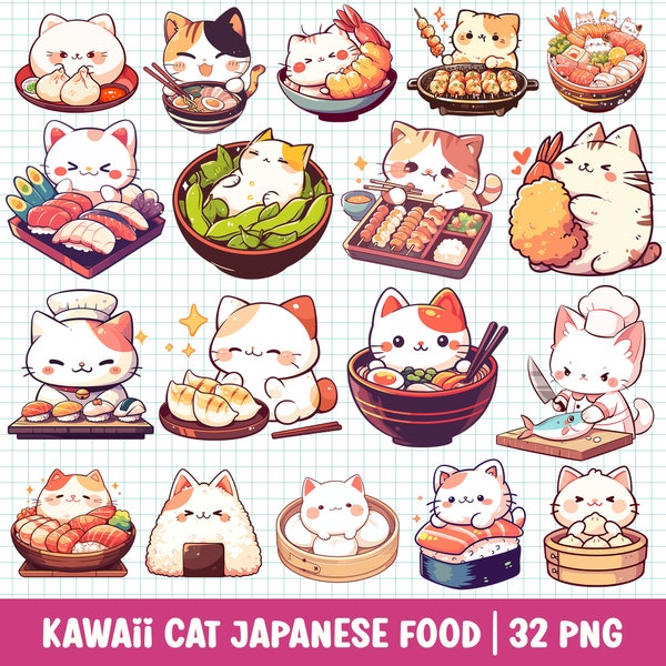 Kawaii Cat Japanese Food PNG Bundle Cute Kitten Clipart Set Cat Lover Cat Mom Funny Foodie Cartoon Illustration Anime Digital Sticker Art