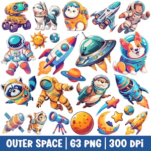 Clipart mignon espace extra-atmosphérique PNG Bundle planètes fusée OVNI vaisseau spatial Illustration aquarelle enfants Animal dessin animé espace fête d'anniversaire