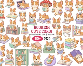 Kawaii Corgi bokälskare Clipart boklig hundläsning png-paket skollärare digitalt klistermärke