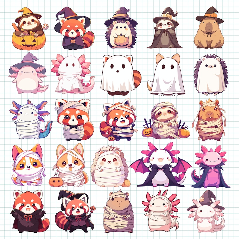 K&ouml;nnte beinhalten: Eine Sammlung von 24 niedlichen Comicfiguren, die in Halloween-Kost&uuml;men gekleidet sind. Die Figuren sind eine Mischung aus Tieren, Geistern und Mumien. Sie tragen alle verschiedene Kost&uuml;me, wie eine Hexe, ein Vampir, ein Geist und eine Mumie. Die Figuren sind alle l&auml;chelnd und gl&uuml;cklich.