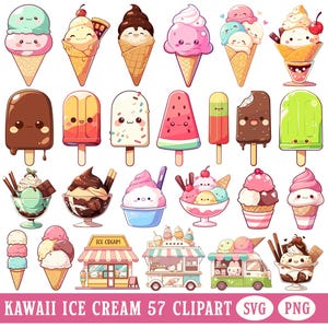 Słodkie Lody Clipart Kawaii Lody Sundae PNG Pakiet Ciężarówka Sklep Koszyk Dzieci Urodziny Dekoracja Sublimacja Obraz Popsicle Cyfrowa Naklejka