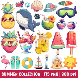 Clipart été cool vacances sur une île tropicale PNG Bundle ensemble fruits kawaii mignon animal marin plage nourriture boisson voile feuille floral autocollant numérique