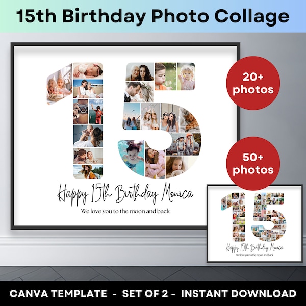 15th Birthday Number 15 Photo Collage Printable Canva Frame Template 15th Anniversary Picture Collage 8x10 Poster Birthday Gift Son Daughter