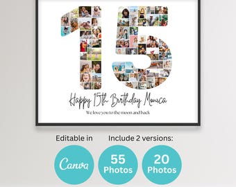 15歳の誕生日 数字15 写真コラージュ 印刷可能 Canva フレーム テンプレート 15周年記念写真コラージュ 8x10 ポスター 誕生日プレゼント 息子 娘