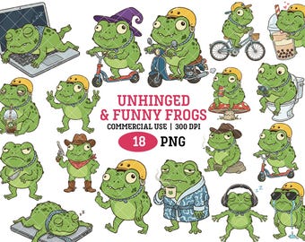 Roliga, ohängda grodor, png clipart, padda clipart, udda djurhumor, trendig t-shirt design, paket