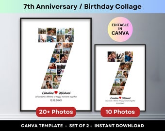 7. Jahrestag Zahl 7 Foto-Collage 7. Geburtstagsgeschenk Personalisierte Jahrestagsgeschenke für Mann-Frau-Freund-Freundin-Canva-Vorlage