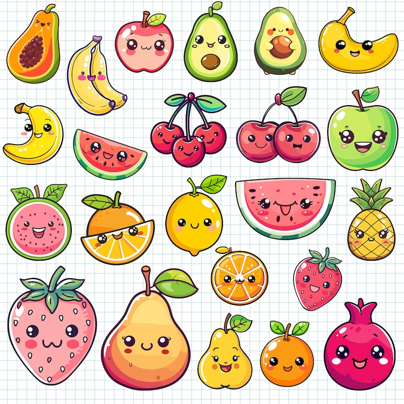 May include: A collection of 20 cartoon fruit and vegetable illustrations with cute faces. The illustrations are in a variety of colors, including red, green, yellow, orange, and pink. The fruits and vegetables are all smiling and have big eyes.