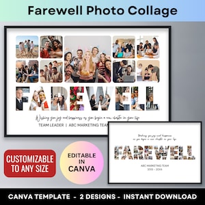 Collage de fotos de despedida, regalo personalizado para compañeros de trabajo, jefes, fiestas de jubilación, amigos, regalos de despedida, póster de despedida, plantilla de Canva