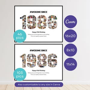 May include: Two framed photo collages with the year "1986" filled with pictures. The text "AWESOME SINCE" is above the year. The text "Happy 40th Birthday" is below the year. Additional text includes "46 pics", "103 pics", and size options.