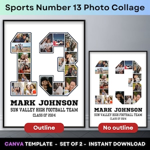 Sports Photo Collage Player Number 13 Graduation Gift Senior Class Grad Photo Poster Football Basketball Baseball Hockey Canva Template
