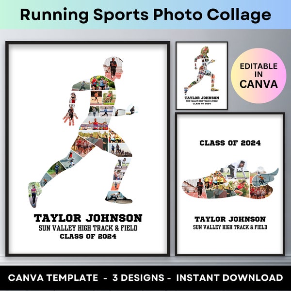 Running Photo Collage Sports Marathon Runner Senior Night Graduation Gift Track and Field Picture Collage Printable Poster Canva Template