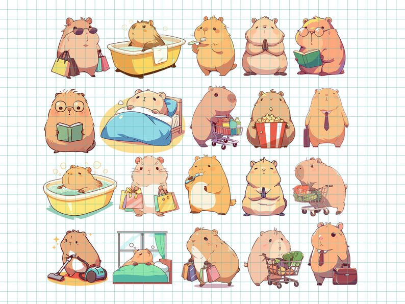 May include: A collection of 20 illustrated hamster characters in various poses and activities, including shopping, relaxing, and working. The hamsters are depicted in a cartoon style with bright colors and playful expressions.