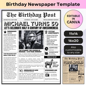 Plantilla de periódico de cumpleaños, póster imprimible, regalo fotográfico personalizado, decoración para fiesta, tablero de bienvenida, datos curiosos divertidos y editables, plantilla de Canva