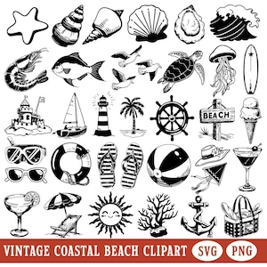 Spiaggia d'epoca PNG Clipart Costiera SVG Retro Estate Disegnato a mano Illustrazione Vettore Silhouette Stravagante Isola Tropicale Addio al nubilato