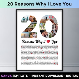 20 powodów, dla których Cię kocham, kolaż zdjęć, szablon Canva, powody, dla których Cię kochamy, do wydrukowania, plakat na 20. urodziny, prezent na rocznicę ślubu