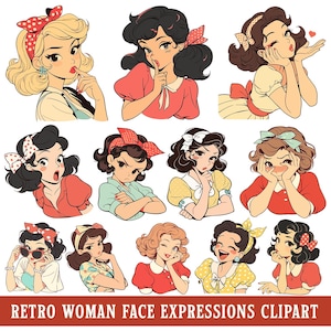 Retro Woman Clipart Vintage Face Expression PNG Bundle Human Emotion SVG Cute Anime Girl Cartoon Illustration Commercial Use Vector Image