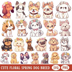 Floral Dog Breed Clipart Cute Dogs and Flowers PNG Bundle Kawaii Spring Puppy SVG File Kids Birthday Décor Nursery Wall Art Digital Sticker